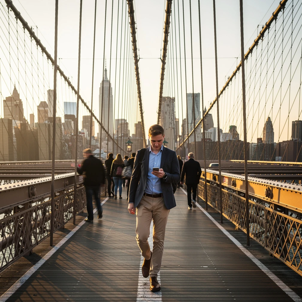 Dansk studerende pa Brooklyn Bridge med New York skyline i baggrunden, praktik i New York 2026